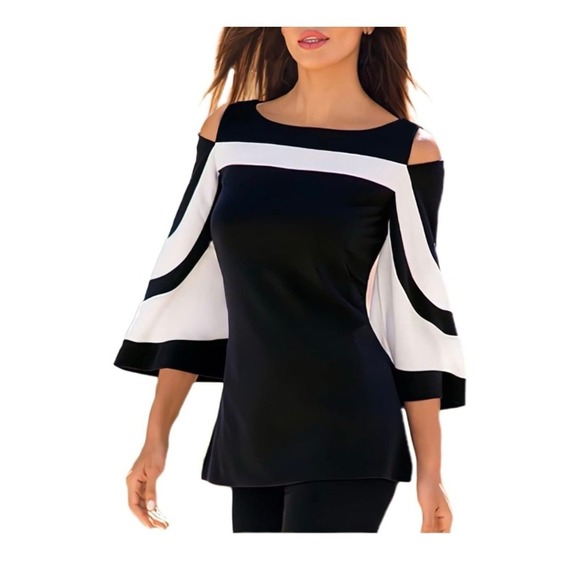 Unbranded Tops - Women‎ Black White Colorblock Cold Shoulder Bell Sleeve Tunic Top 2XL